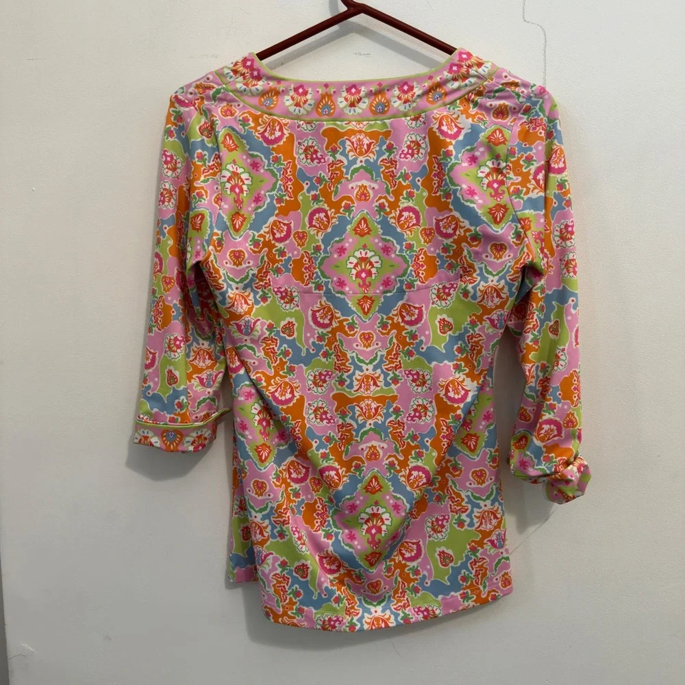 Gretchen Scott Size S Pink Green Paisley Damask Jersey Knit Tunic‎ Top Stretch